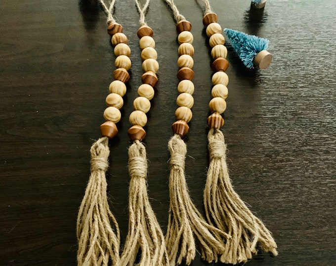 Set of 4 Wood Beaded Ornaments| Natural Wood Beaded Ornaments| Christmas Decor| Holiday| Ornaments| Bohemian| Rustic| Farmhouse| Decorations