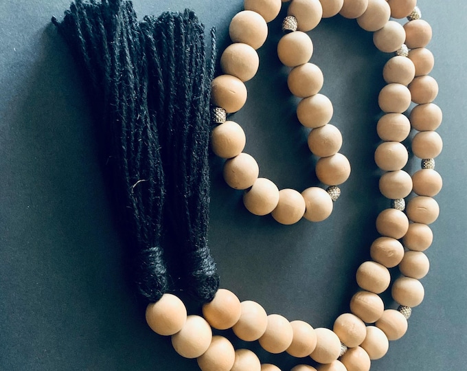 Wood Bead Garland with Silver Accents & Black Tassels | Rustic Farmhouse Tiered Tray Decor