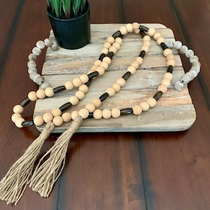 Walnut Wood Bead Garland with Jute Tassels: Boho Chic Decor (6.5ft)