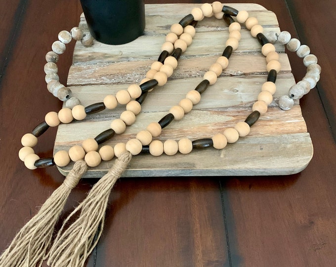 Boho Chic Walnut Wood Bead Garland with Tassels | Rustic Wood and Tassel Garland | Extra Long Bead String | XL Wood Beaded Garland