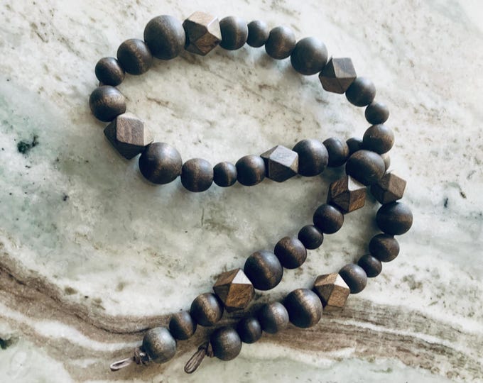 Espresso Wood Beaded Garland with Chocolate Leather & Loop Ends