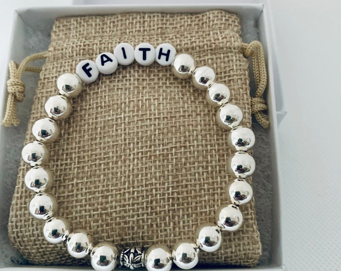 Silver Faith Stretch Bracelet with Round Beads - Gift Idea
