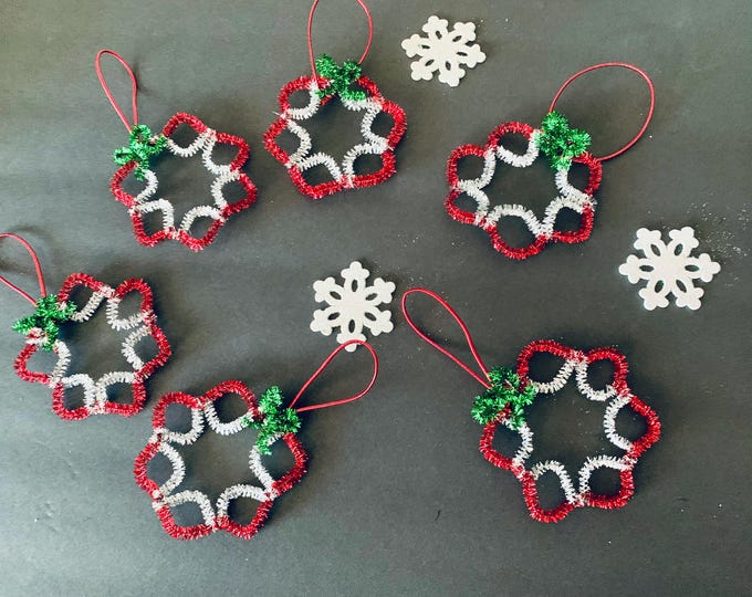 Festive Christmas Ornaments | Colorful Sparkling Chenille Red, Silver & Green with Red Hanging Loop