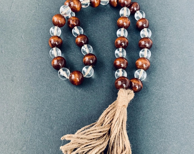 Handcrafted Mahogany Wood Crystal Bead Garland with Rustic Jute Tassels