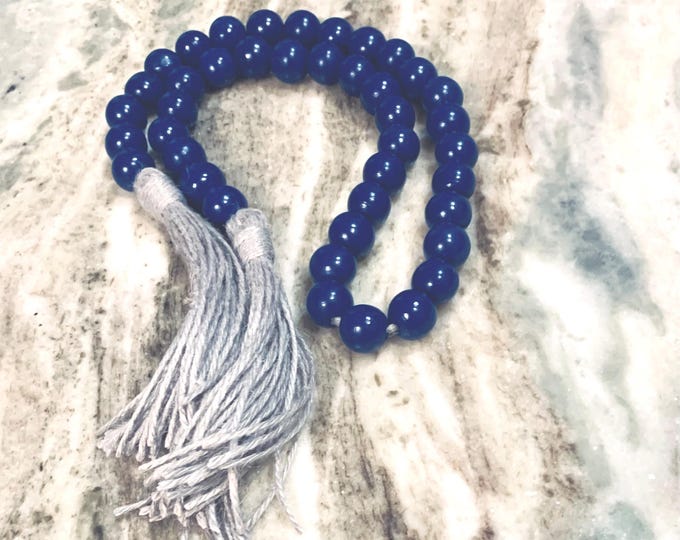 Blue Beaded Garland with Light Gray Jute Tassels