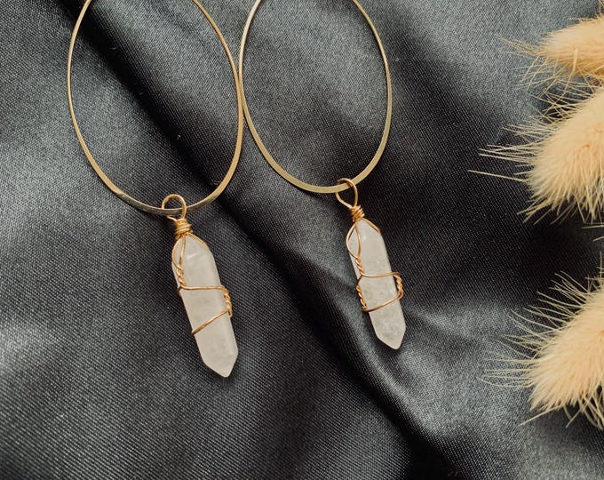 White Quartz Wire Wrapped Gold Oval Hoop Earrings | Women's Jewelry