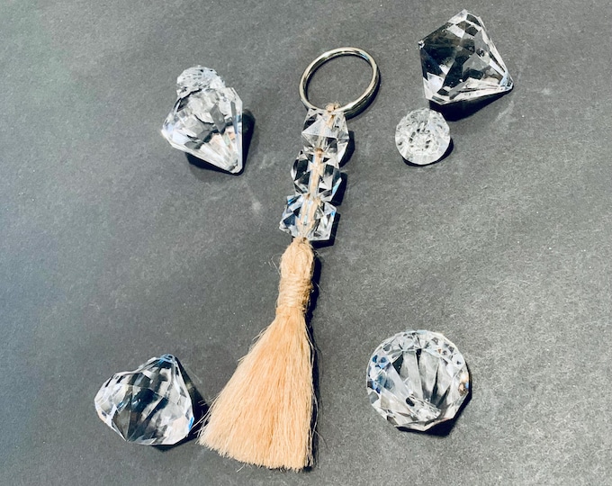 Stylish Natural Clear Quartz Keychain - Acrylic Cube with Tassel | Bag Charm | Purse Accessories