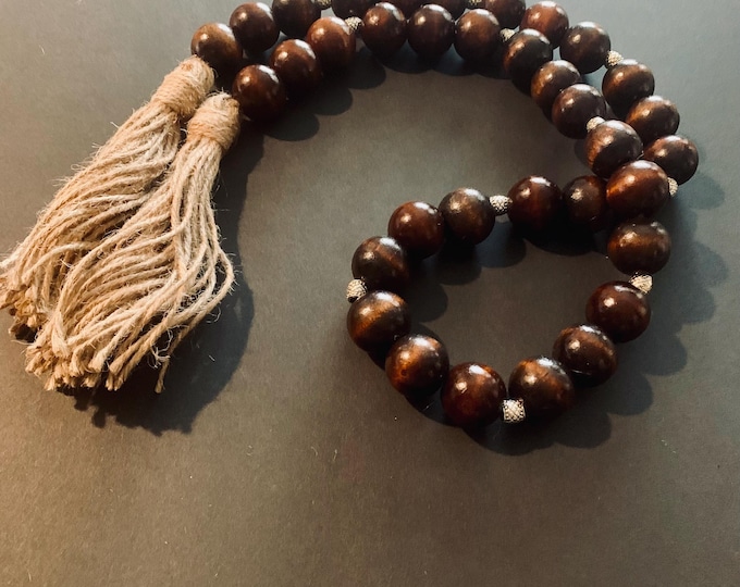 Rustic Mahogany Wood Beaded Garland with Silver Accents & Jute Tassels