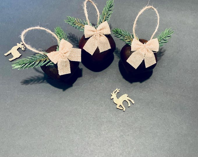 Christmas Jingle Bell Ornaments: Rustic Burlap Bow Hangers - Set of 3