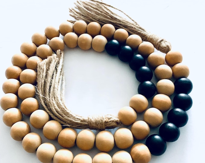 Wood Beaded Garland - Natural & Black with Jute Tassels for Home Decor