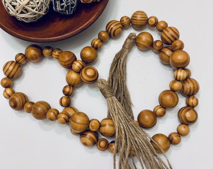 Chic Wood Bead Garland | Natural Tassel Decor | Large Wood Beads | Decorative Rustic Garland | Bohemian Home Accent