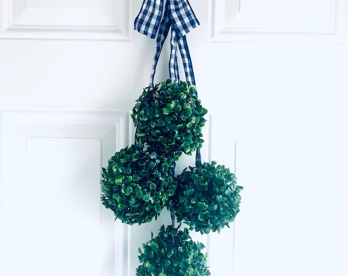 Boxwood Greenery Door Hanger with Navy Blue & White Gingham Ribbon