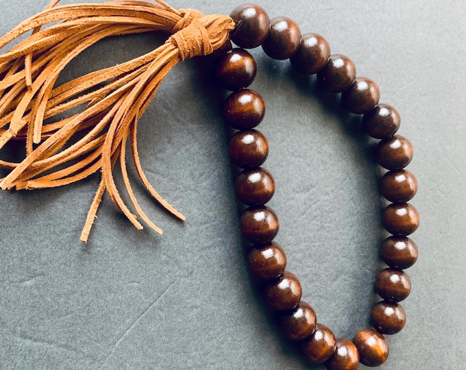 Mahogany Wood Beaded Garland with Brown Leather Tassels | Home Accent