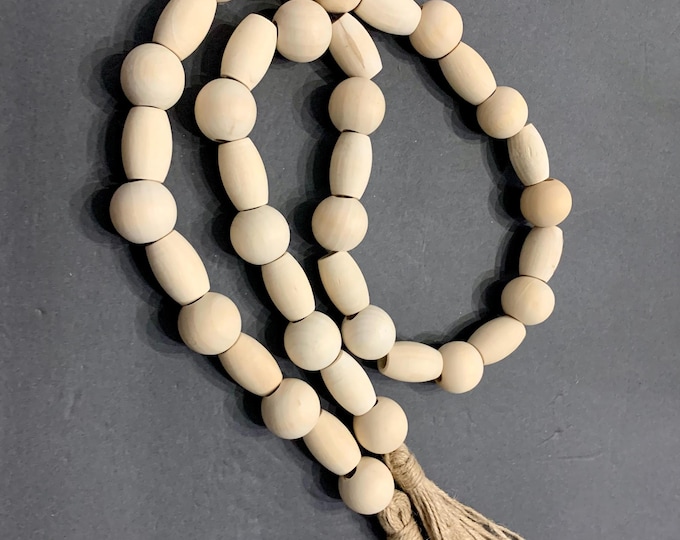 Rustic Wood Beaded Garland with Jute Tassels - Round & Oval Beads