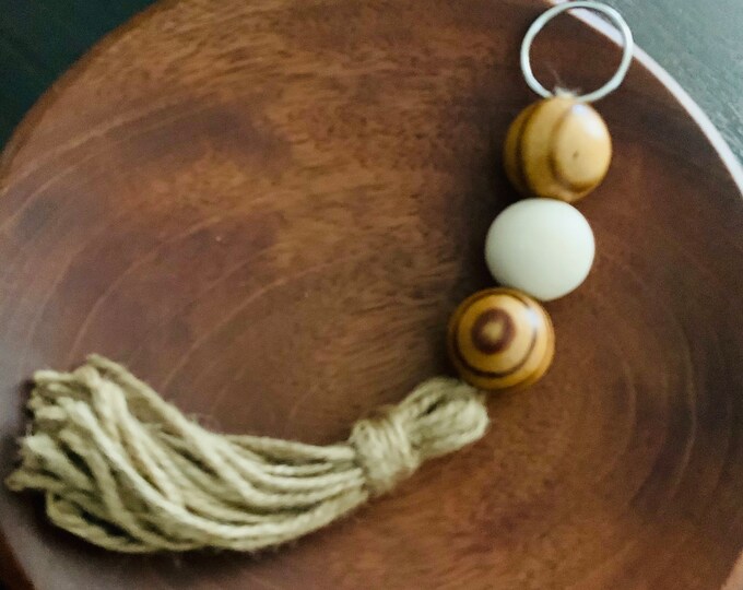 Rustic Wooden Bead Keychain | Natural Wood and Jute