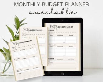 May include: Three printable monthly budget planner templates displayed on a tablet and a table. Each template has sections for income, expenses, and a summary. The templates are beige with black text.
