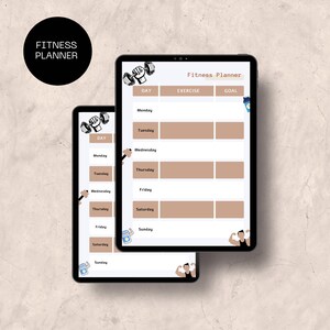 Può includere: Un planner di fitness digitale sullo schermo di un tablet con uno sfondo marrone. Il planner ha sezioni per il giorno, l'esercizio e l'obiettivo. I giorni della settimana sono elencati in una colonna sul lato sinistro dello schermo. Ci sono illustrazioni di manubri e di uno shake proteico sullo schermo.
