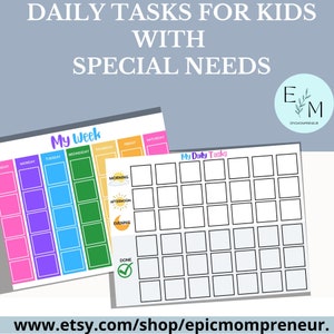 Puede incluir: Dos tablas imprimibles para niños con necesidades especiales. La primera tabla es un planificador semanal con casillas de colores para cada día de la semana. La segunda tabla es una lista de tareas diarias con una cuadrícula de casillas para cada tarea. Ambas tablas tienen iconos para la mañana, la tarde y la noche.