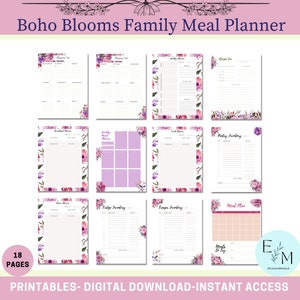 May include: Printable Boho Blooms Family Meal Planner with 18 pages. The planner includes a weekly meal planner, shopping list, recipe pages, fridge and freezer inventory, and a meal plan. The pages are decorated with watercolor floral borders in shades of pink, purple, and green.