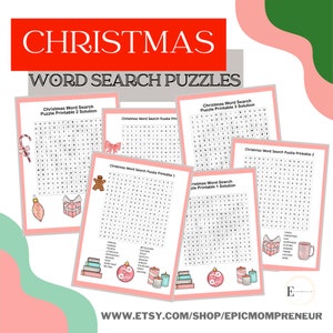 May include: Five printable Christmas word search puzzles with solutions. Each puzzle features a pink and white color scheme with a festive Christmas theme. The puzzles include words like "Christmas", "Joy", "Peace", "Nativity", and "Santa".