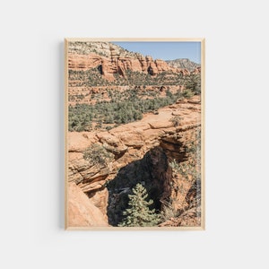 May include: Framed print of a natural rock arch in a desert landscape. The arch is a reddish-brown color, with green trees and shrubs growing around it. The background features a mountain range under a clear blue sky. The print is in a light wood frame.