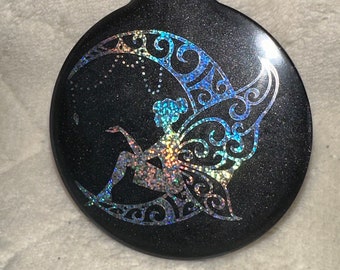 Holographic Fairy Girl on the Moon Black Resin Christmas Ornament