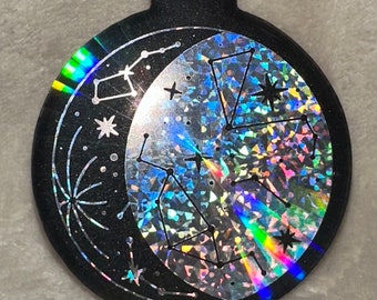 Holographic Moon and Constellations Black Resin Christmas Ornament