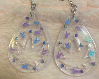 Purple and Blue Playboy Bunny Dangle Earrings