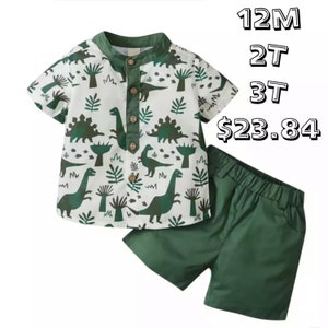 Toddler Boy 2Pcs Summer Outfits Short Sleeve dinosaur Print Button Top Shirt + Elastic Waist Shorts Set