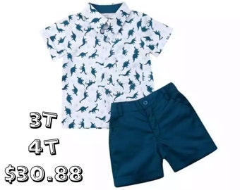 Dino Button up Short Sleeve T-shirt Pant 2Pcs Set