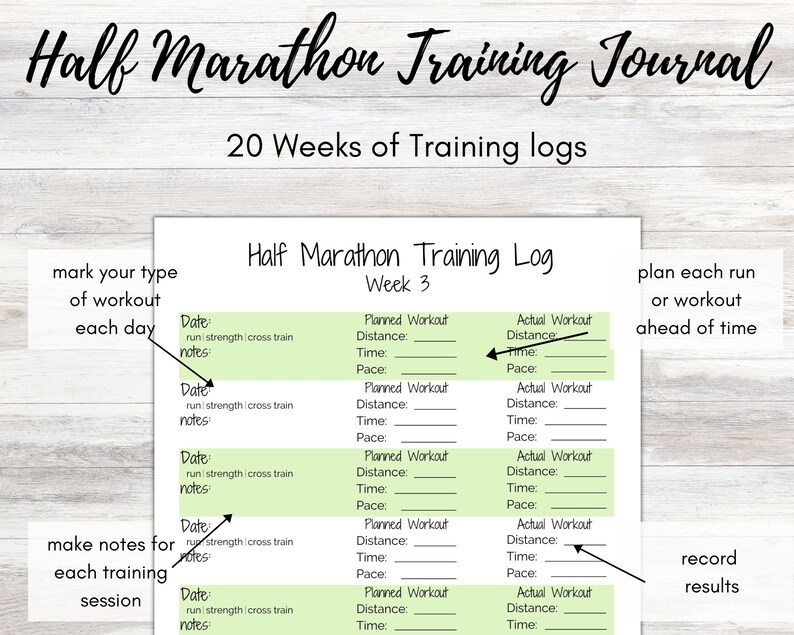 Half Marathon Training Journal, Printable Running Log, Running Journal