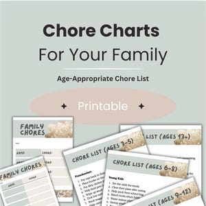 May include: Printable chore charts for families with age-appropriate chore lists for preschoolers, young children, ages 6-8, 9-12, and 13+. The charts are designed with a light green and white background and feature a light brown and white graphic of a starfish.