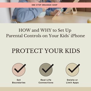 May include: A promotional image with the text "HOW and WHY to Set Up Parental Controls on Your Kids' iPhone" and "PROTECT YOUR KIDS." The image includes three checkmarks in circles with the text "Set Boundaries," "Real-Life Connections," and "Delete or Limit Apps."