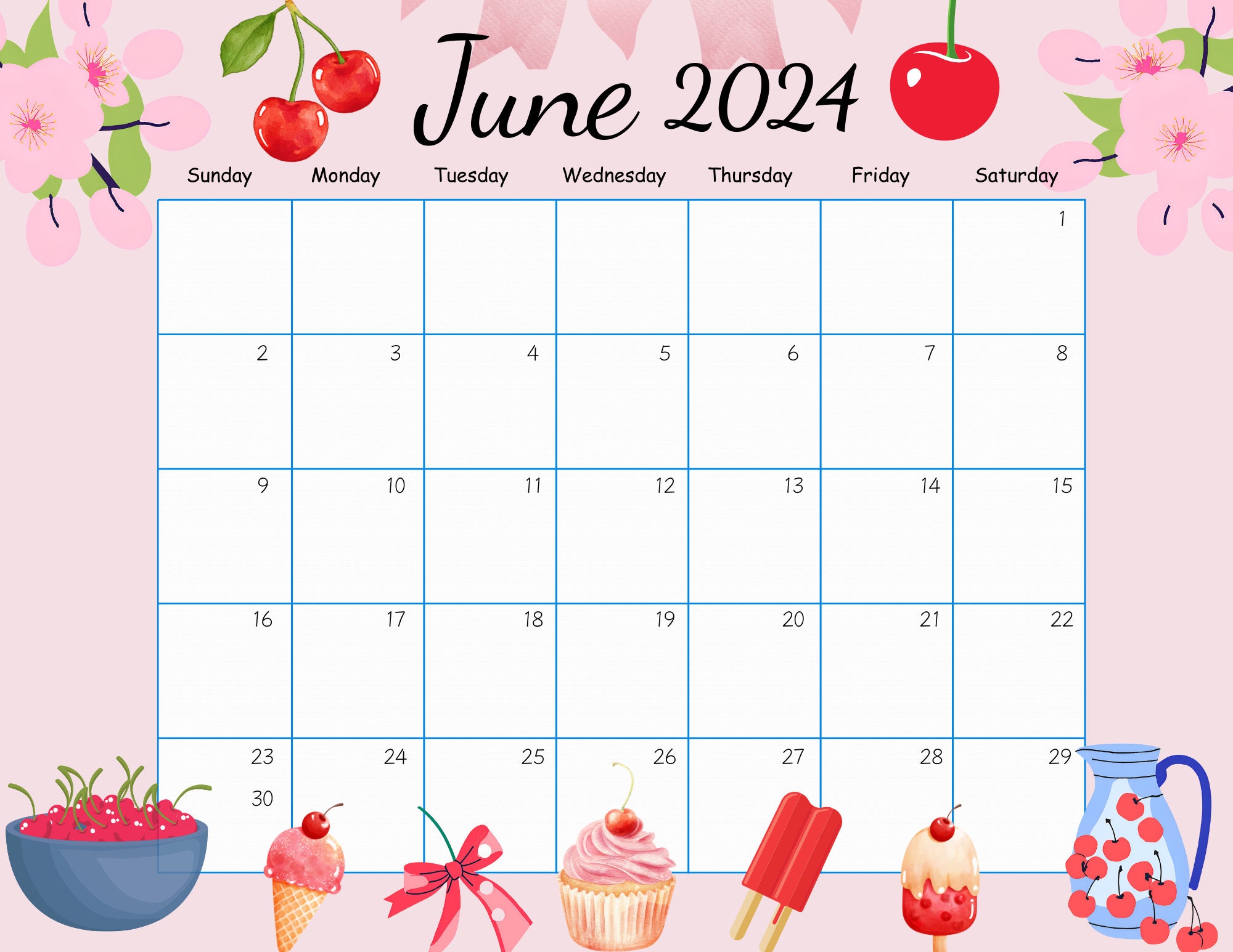PRINTABLE June 2024 Calendar, Happy Summer With Cherries, Printable ...