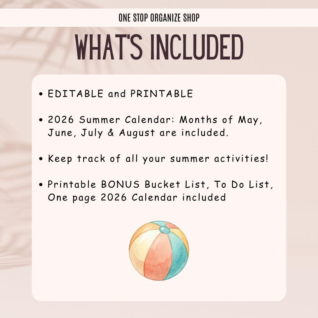 Editable Summer 2026 Calendar | Printable + Canva Template | May June ...