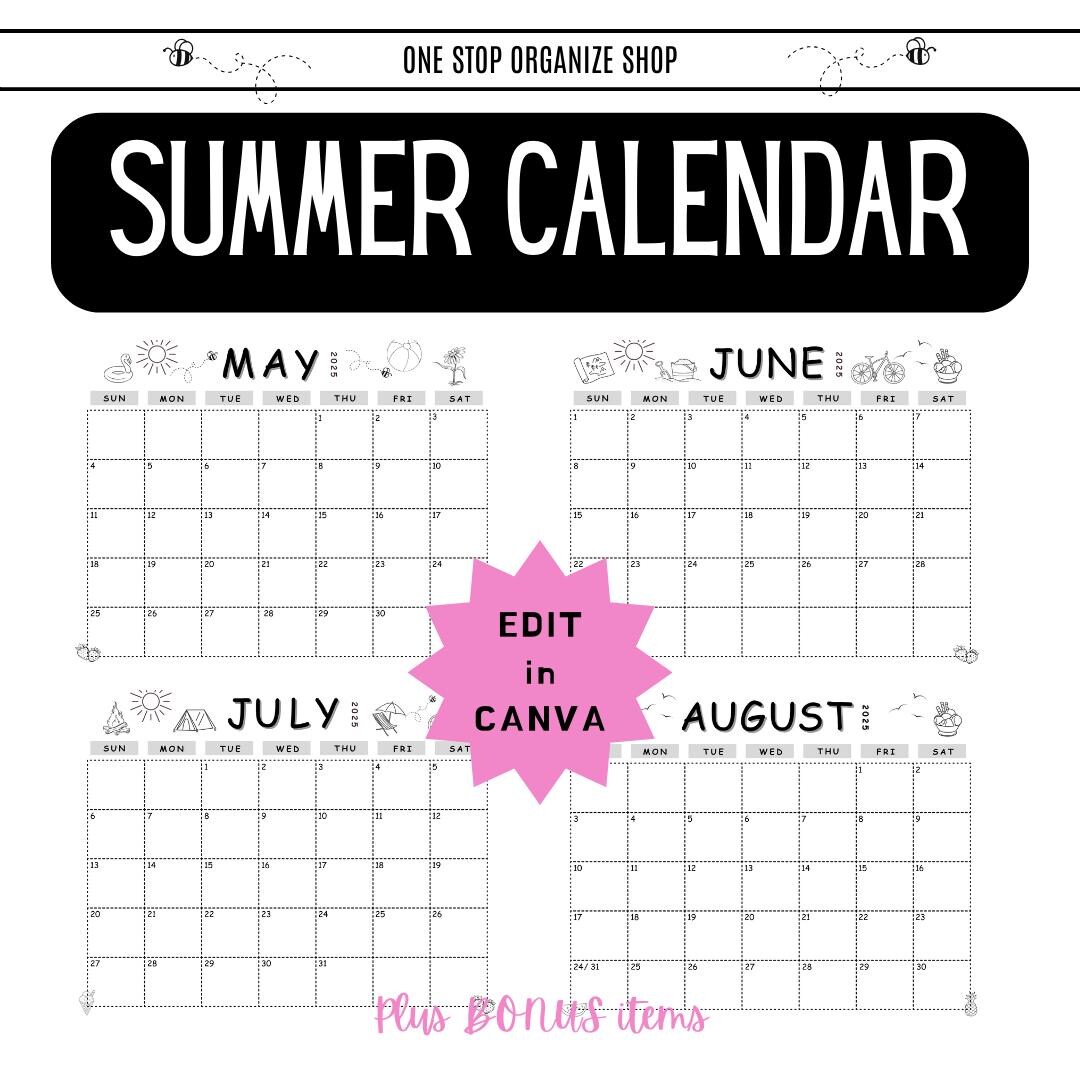 Printable & Editable Summer 2025 Calendar | May June July August ...