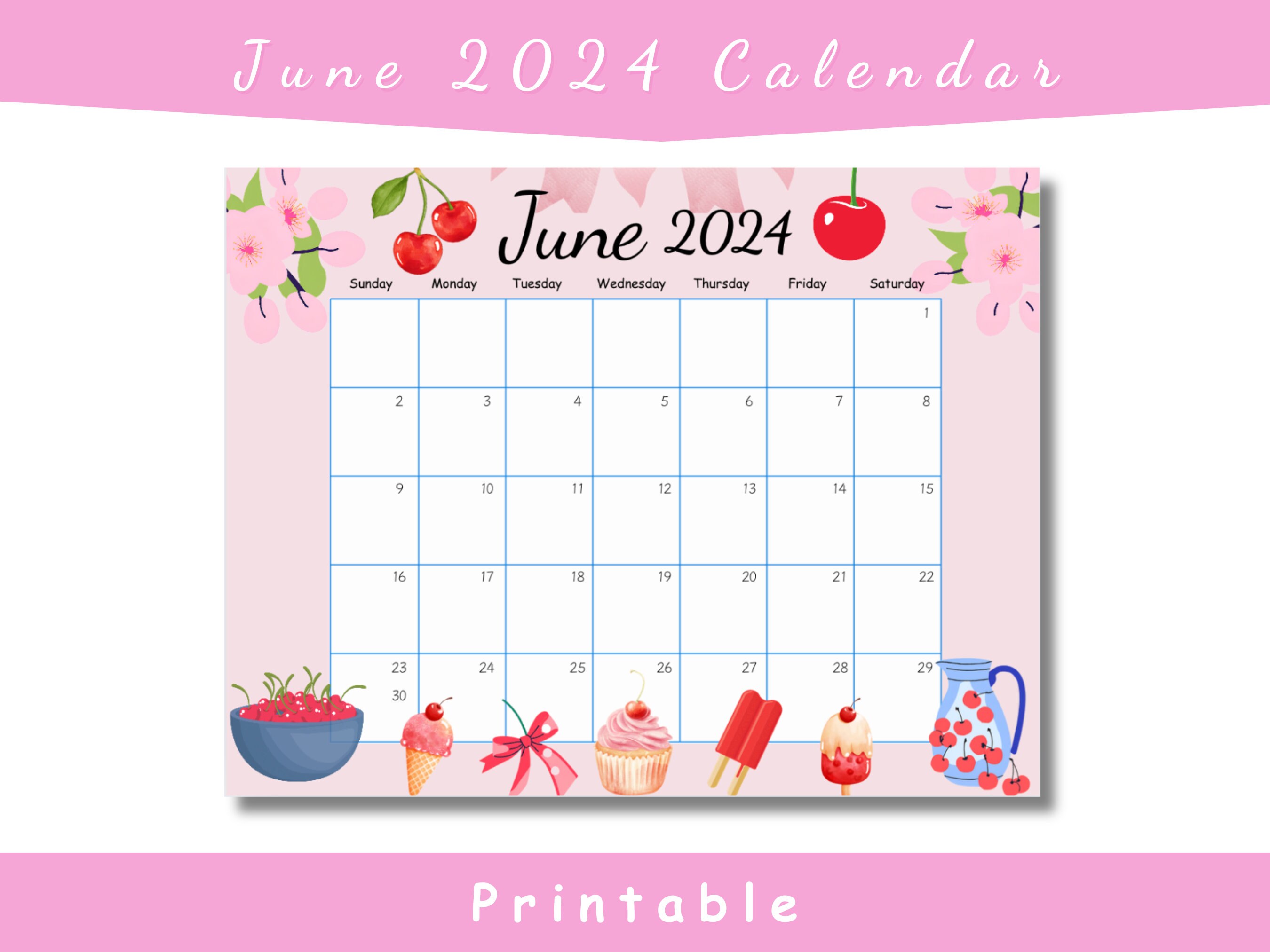 PRINTABLE June 2024 Calendar, Happy Summer With Cherries, Printable ...