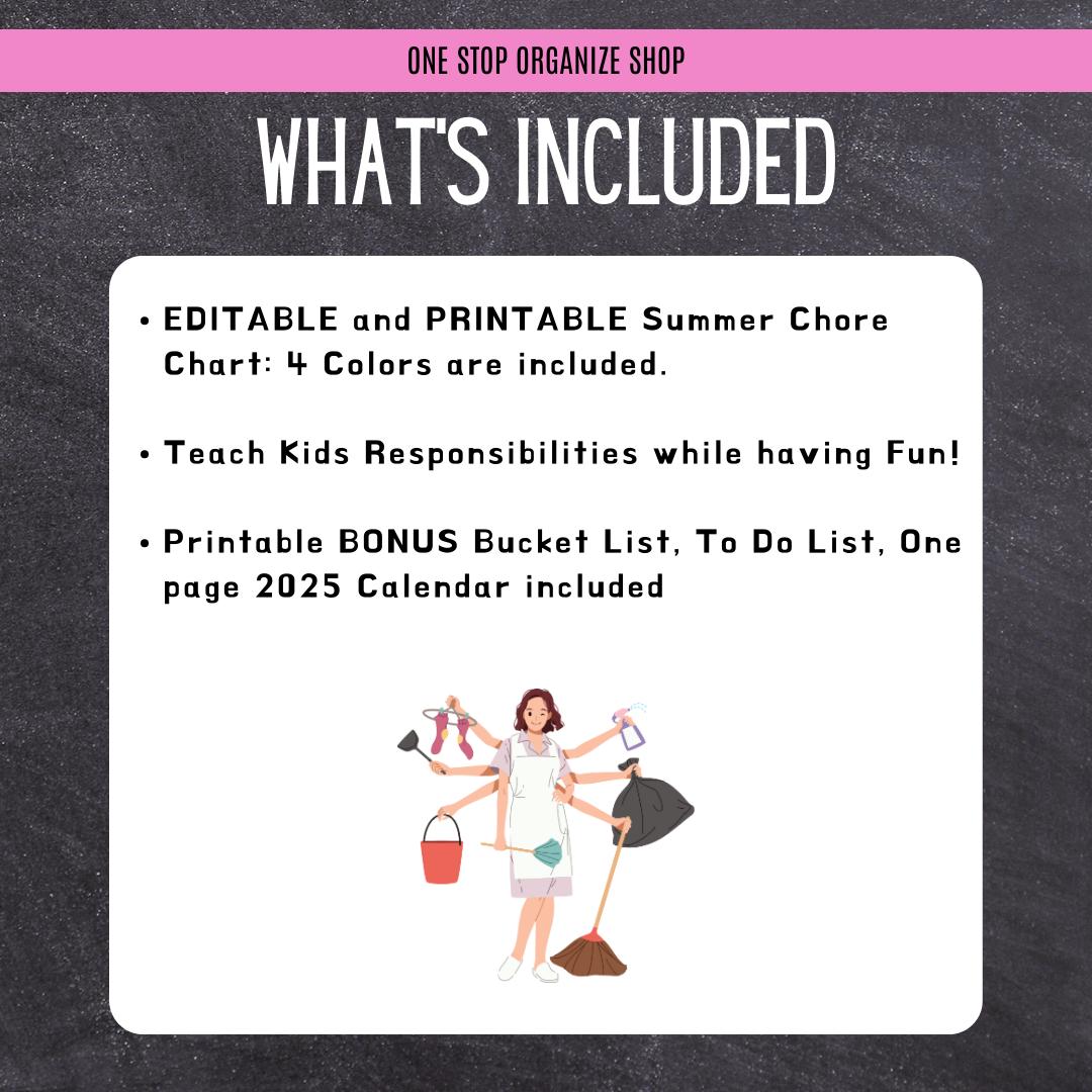 EDITABLE Chore Chart Summer 2026 | Printable | 4 Color Choices of ...