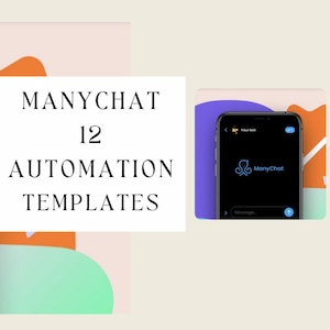 May include: A white rectangle with the text "MANYCHAT 12 AUTOMATION TEMPLATES" on a pink and orange background. A smartphone screen displays a chat window with the text "Your bot" and the ManyChat logo.