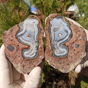 White Thunderegg Agate, Thunderegg Achat, Turkish Thunderegg Agate Pair, Rough Raw Mineral, Cut and Polished Specimen, North Ankara.