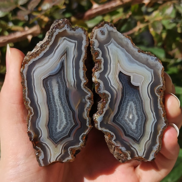 White Banded and Blue Crystal Agate, Amazing Fortification Banded, Cut and Polished Turkish Agate Pair, Raw and Rough Mineral Specimen.