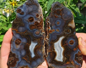 Bubble Patterns Agate, Green Banded and Blue Agate, Cut and Polished Turkish Agate Pair, North Ankara Raw and Rough Mineral Specimen.
