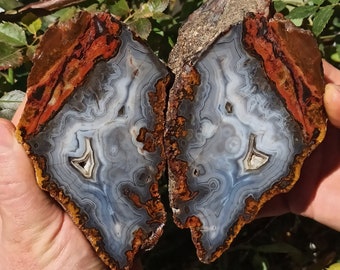 Large Blue, White, Gray Banded and Orange Moss Agate, Turkish Agate Pair, Metaphysical Crystals, Rough Mineral, Cut and Polished Specimen.