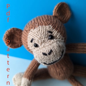 May include: A knitted monkey toy in shades of brown and beige, with a smiling face and black eyes. The text "Funny monkey" and "pdf pattern from Inna" are visible in orange. The monkey has long arms and is set against a blue background.
