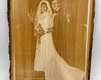 レーザー彫刻された木製写真、木製にカスタム写真、木製に焼き付けられた結婚式の写真、記念日のギフト写真、父の日のギフト写真の彫刻