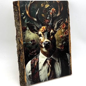 Mr Buck Deer Victorian Portrait - Vintage Style Woodland Animal Wall Art - Wooden Décor Plaque Sign - Handmade Photo Transfer Deer Wall Art