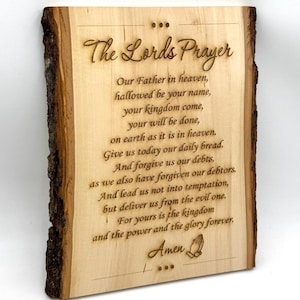 The Lord&#39;s Prayer in English, Lord Prayer Engraved, Rustic Home Decor, Catholic Gift, Wood Engraved Plank with Bark, Christian Gift Prayer