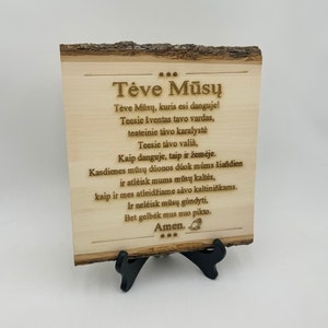 The Lord&#39;s Prayer in Lithuanian, Tėve mūsų Lord Prayer Engraved, Rustic Home Decor, Wood Engraved Plank with Bark, Christian Gift Prayer