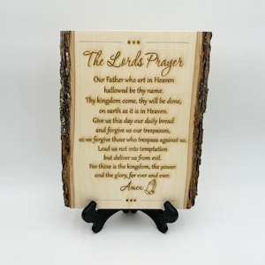 The Lord's Prayer in English, Lord Prayer Engraved, Rustic Home Decor, Catholic Gift, Wood Engraved Plank with Bark, Christian Gift Prayer