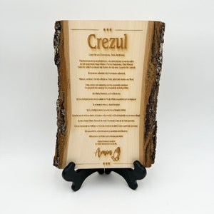 The Apostles Creed in Romanian, Romanian Crezul Sign, Romanian Home Decor, Wood Engraved Plank with Bark, Romanian Christian Gift